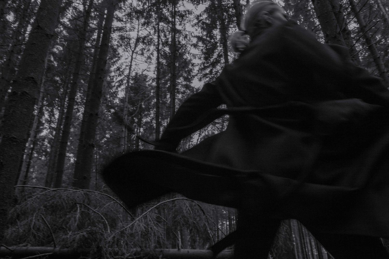 A dynamic motion shot of someone in dark clothing moving through a forest.