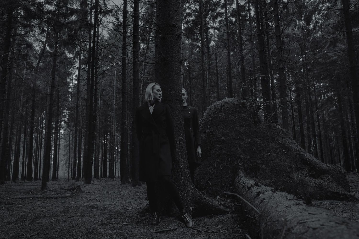 A dark and moody figure stands in a misty forest wearing a long black coat.