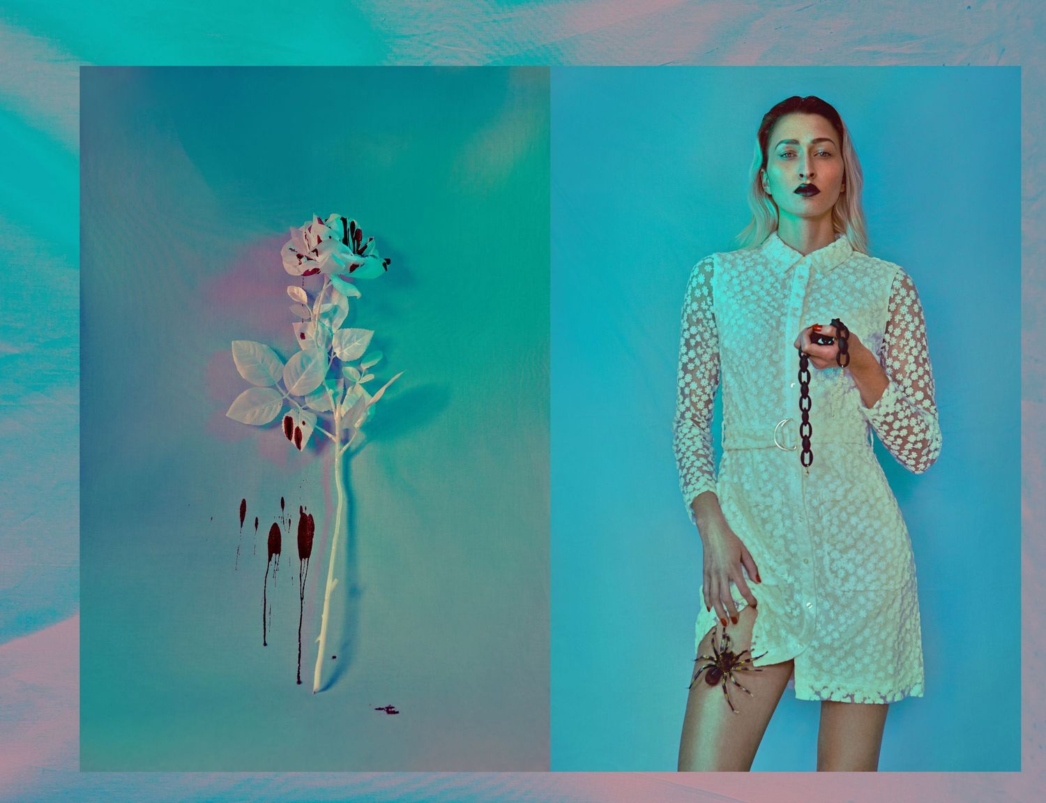 Fashion diptych with abstract floral art and model in white lace dress against turquoise background.