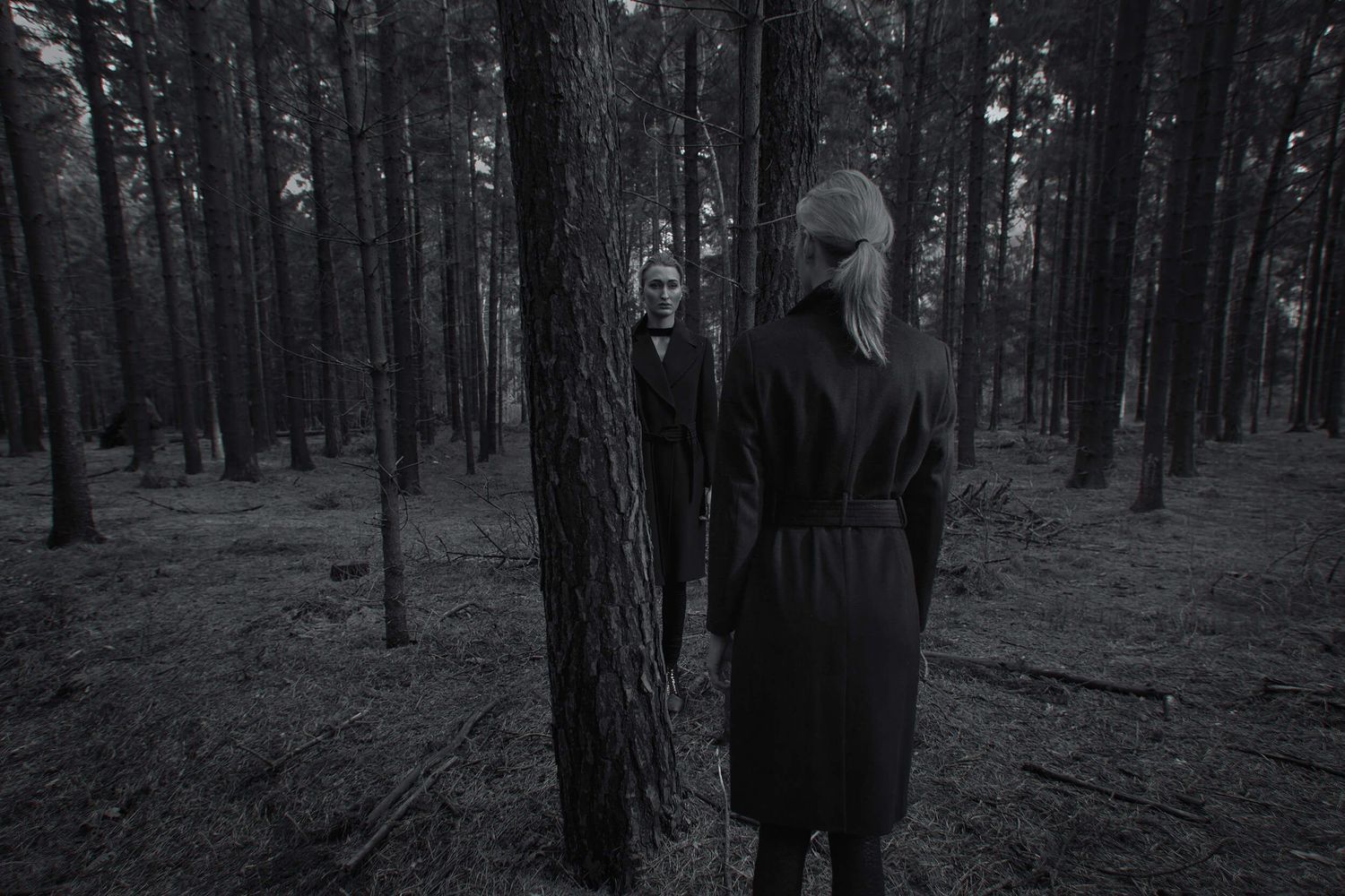 A person in a black coat stands among tall trees in a dark forest.