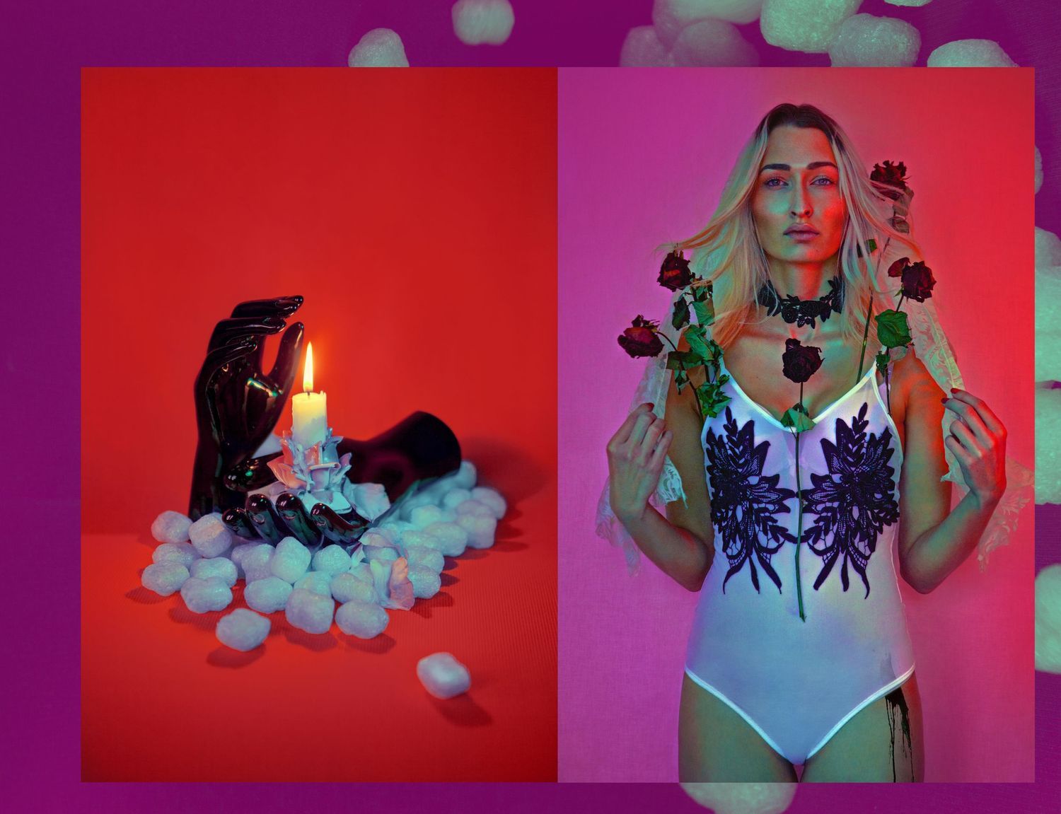 Diptych contrasting burning candle with cotton balls and figure in purple bodysuit with floating spheres.