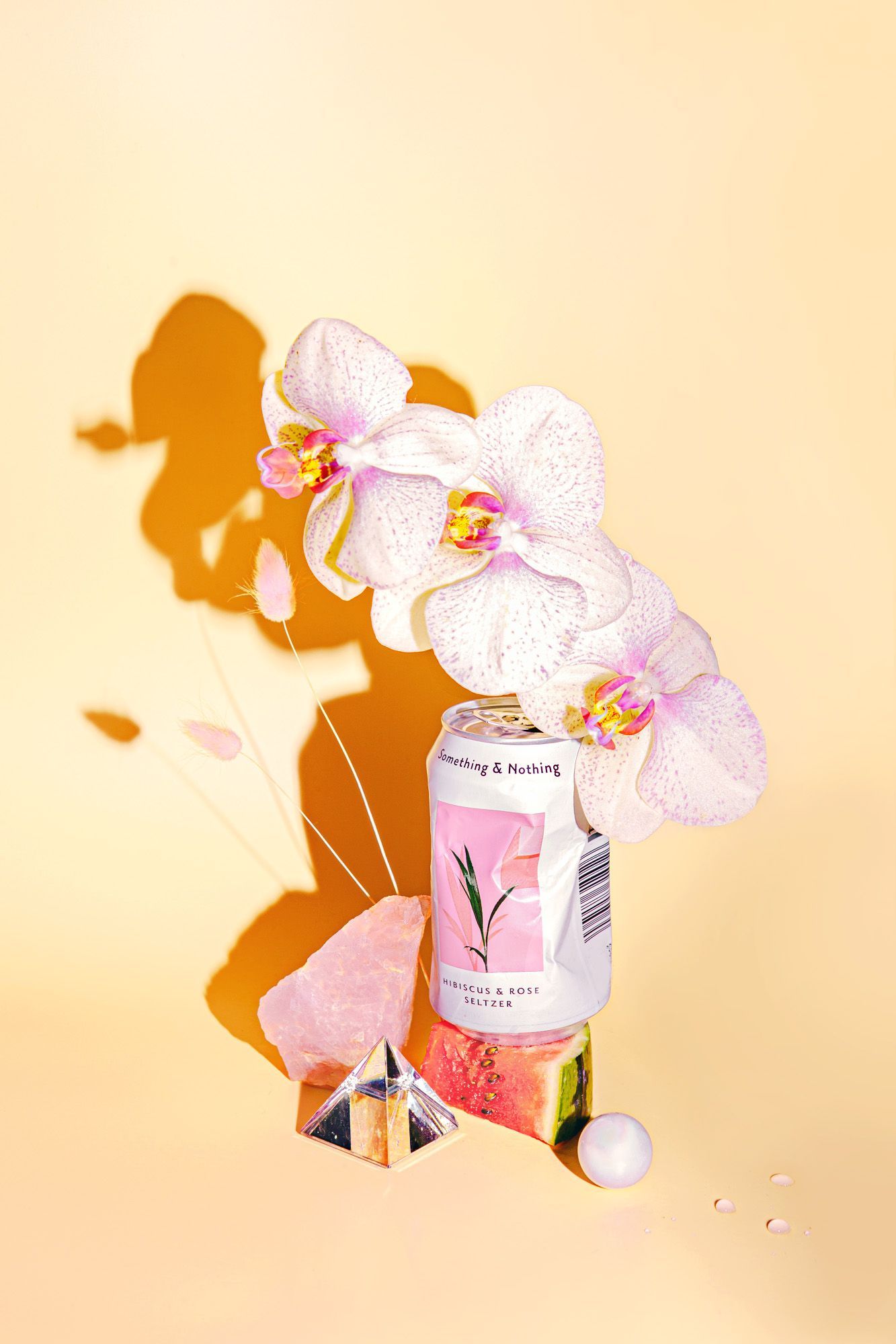 Pink orchids arranged with a beverage can creating dramatic shadows against a peachy background.