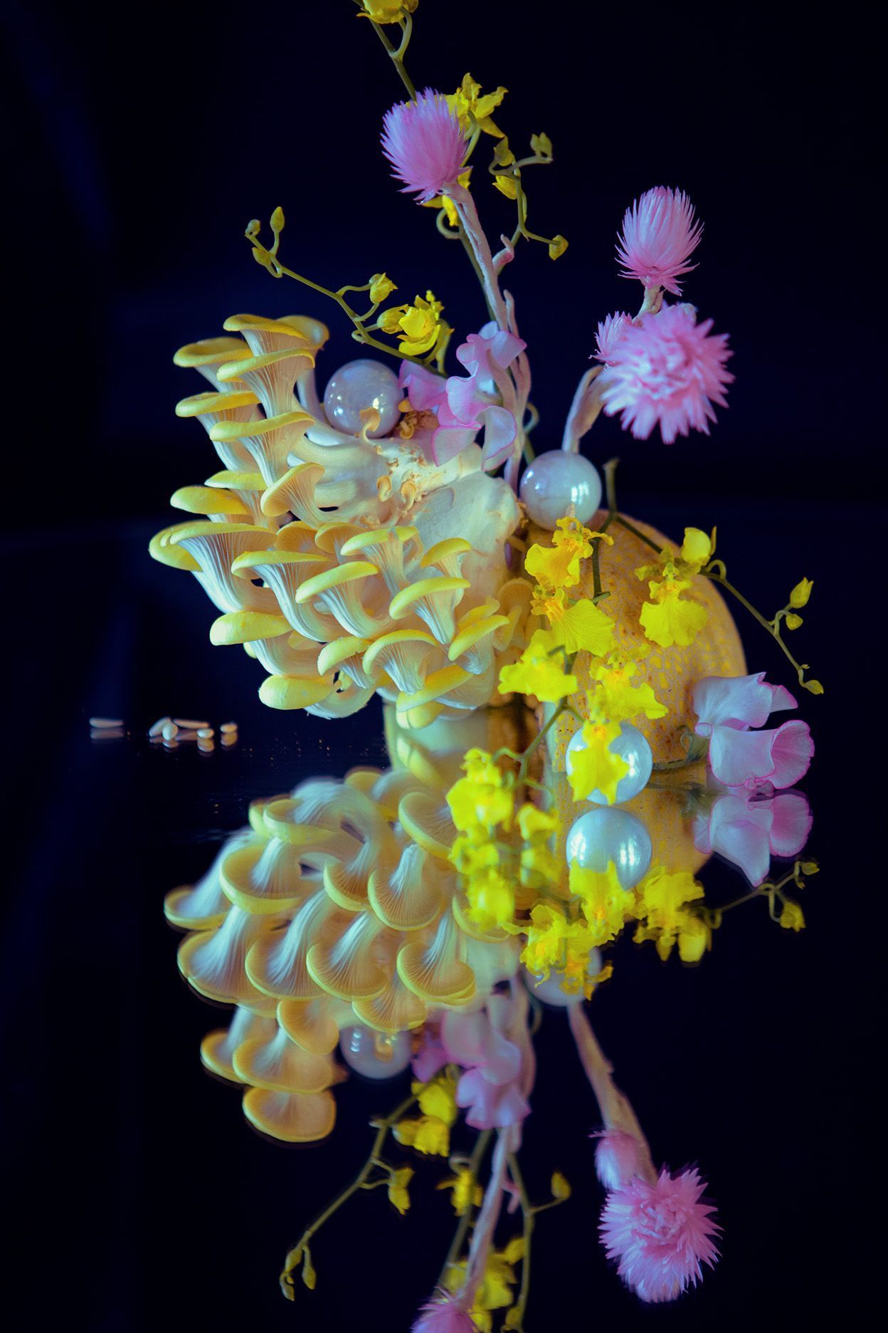 Illuminated orchid arrangement with yellow and pink blooms against dark background.