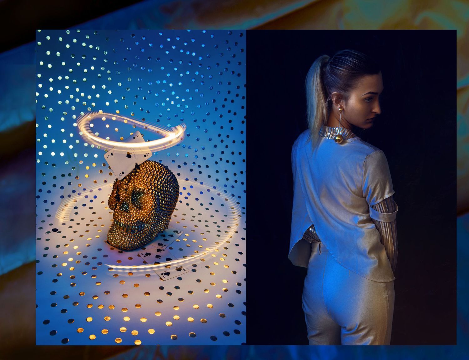 Diptych pairing illuminated golden skull with glowing dots and figure in blue dramatic lighting.