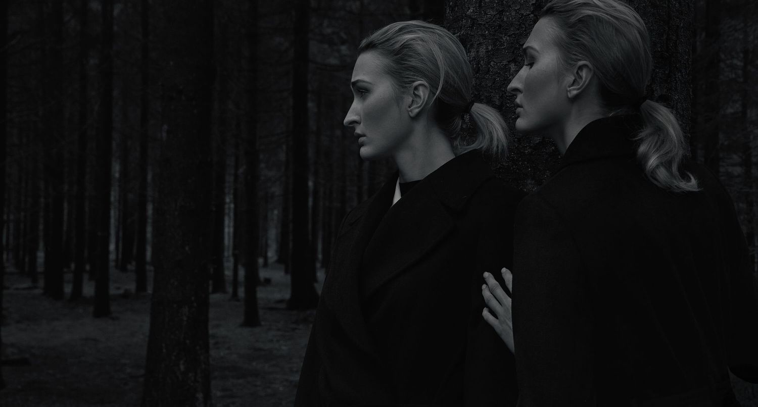 Two figures in dark coats stand close together in a shadowy forest.