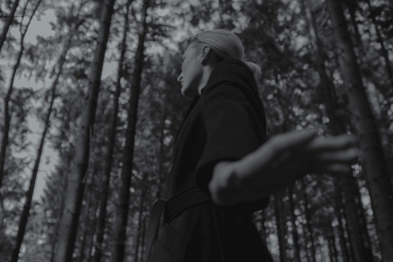 A blurred figure in motion captured against a forest background.