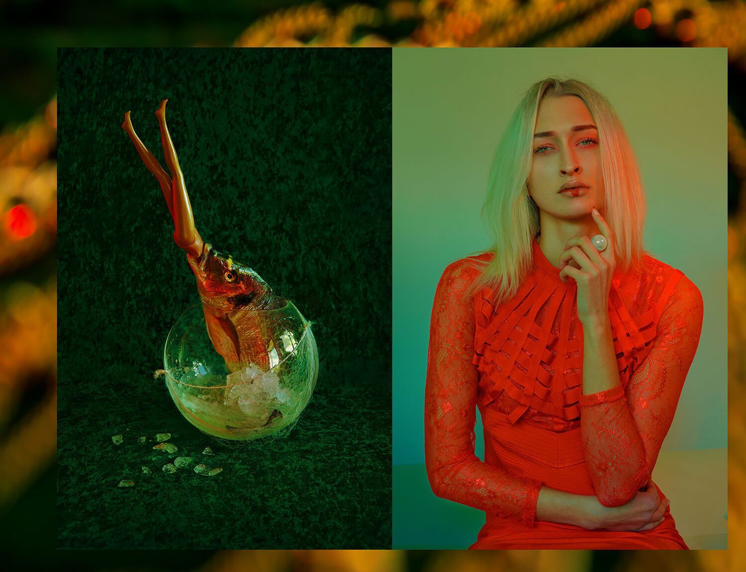 Artistic diptych contrasting suspended glass orb with red-tinted fashion portrait.