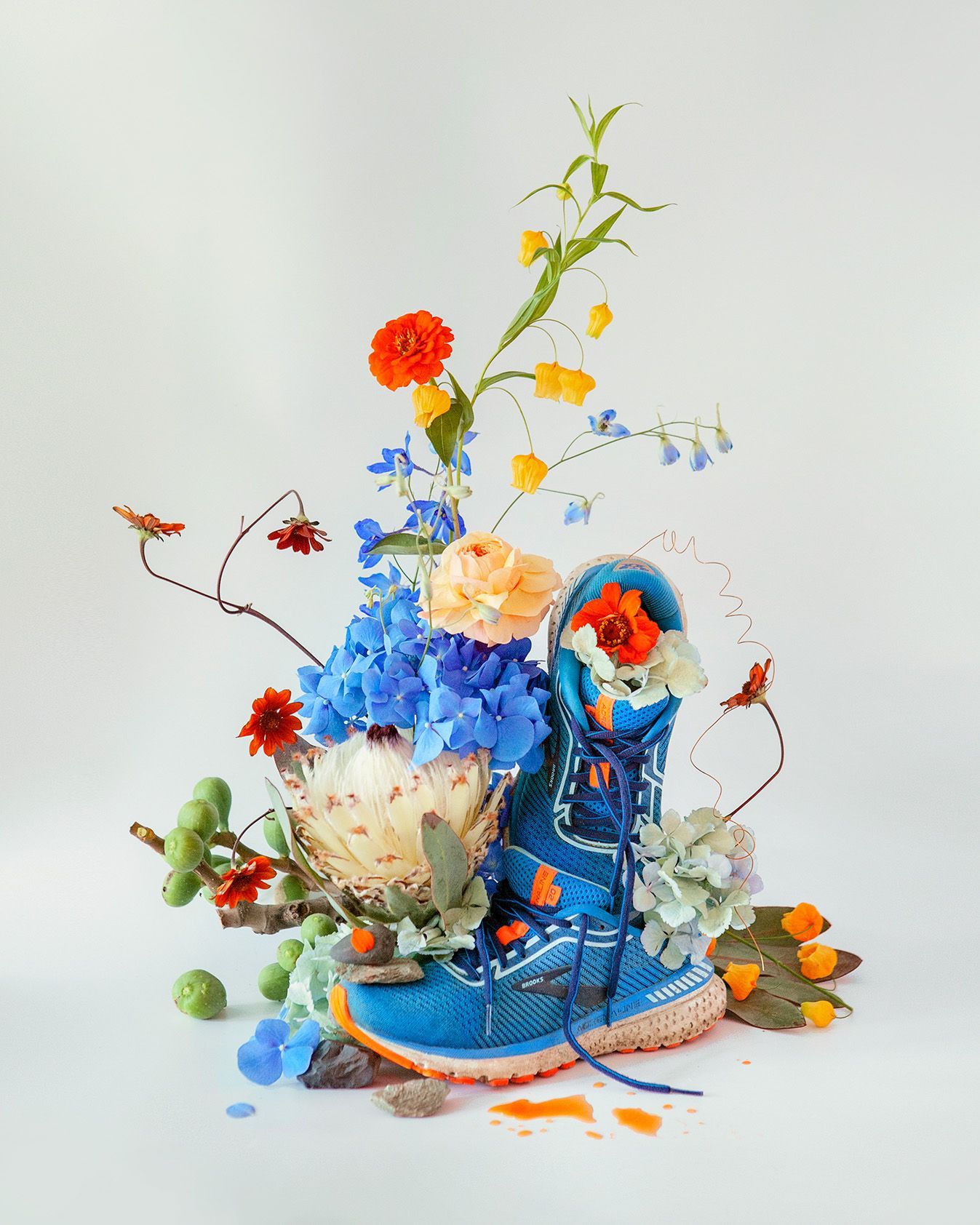 Whimsical floral arrangement sprouting from a blue sneaker with hydrangeas and colorful blooms.