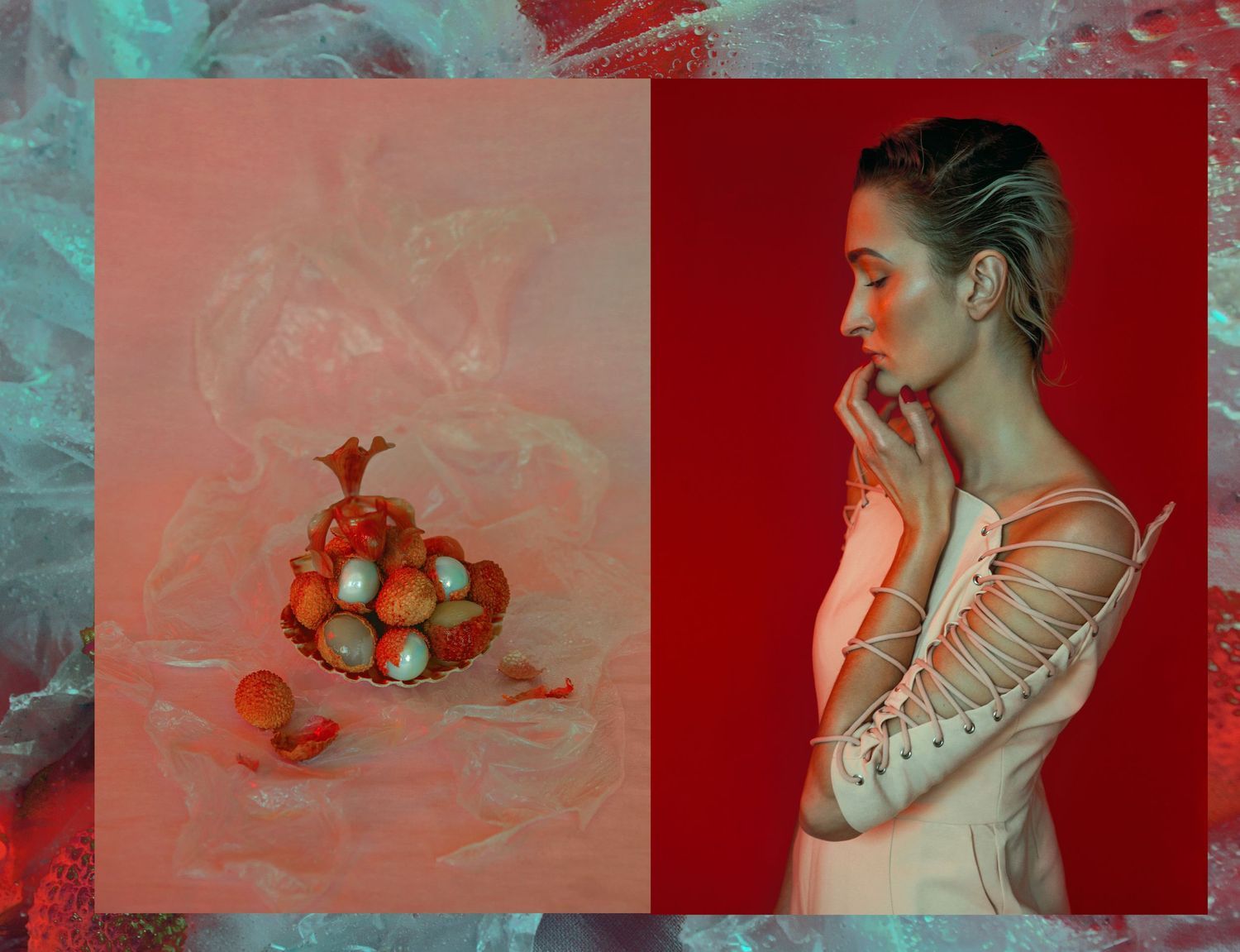 Artistic diptych featuring a crown still life and portrait in contrasting red and blue tones.