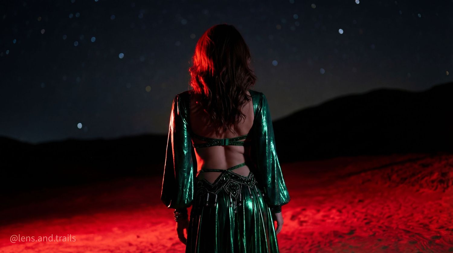 A belly dancer in green costume stands with back to camera on red-lit desert sand at night.