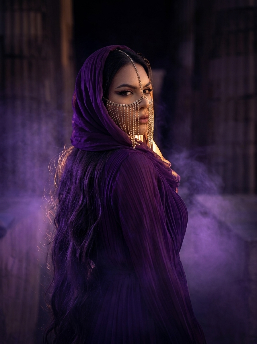 Woman in purple robes and jeweled face veil poses dramatically in smoky, dark setting.