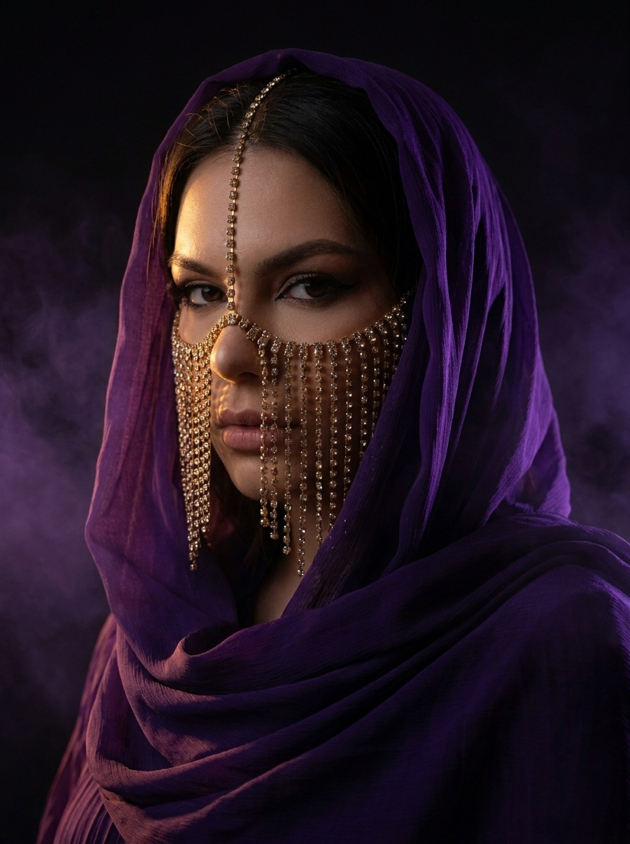 A mysterious woman in a purple hijab adorned with an ornate gold chain face veil against a dark background.