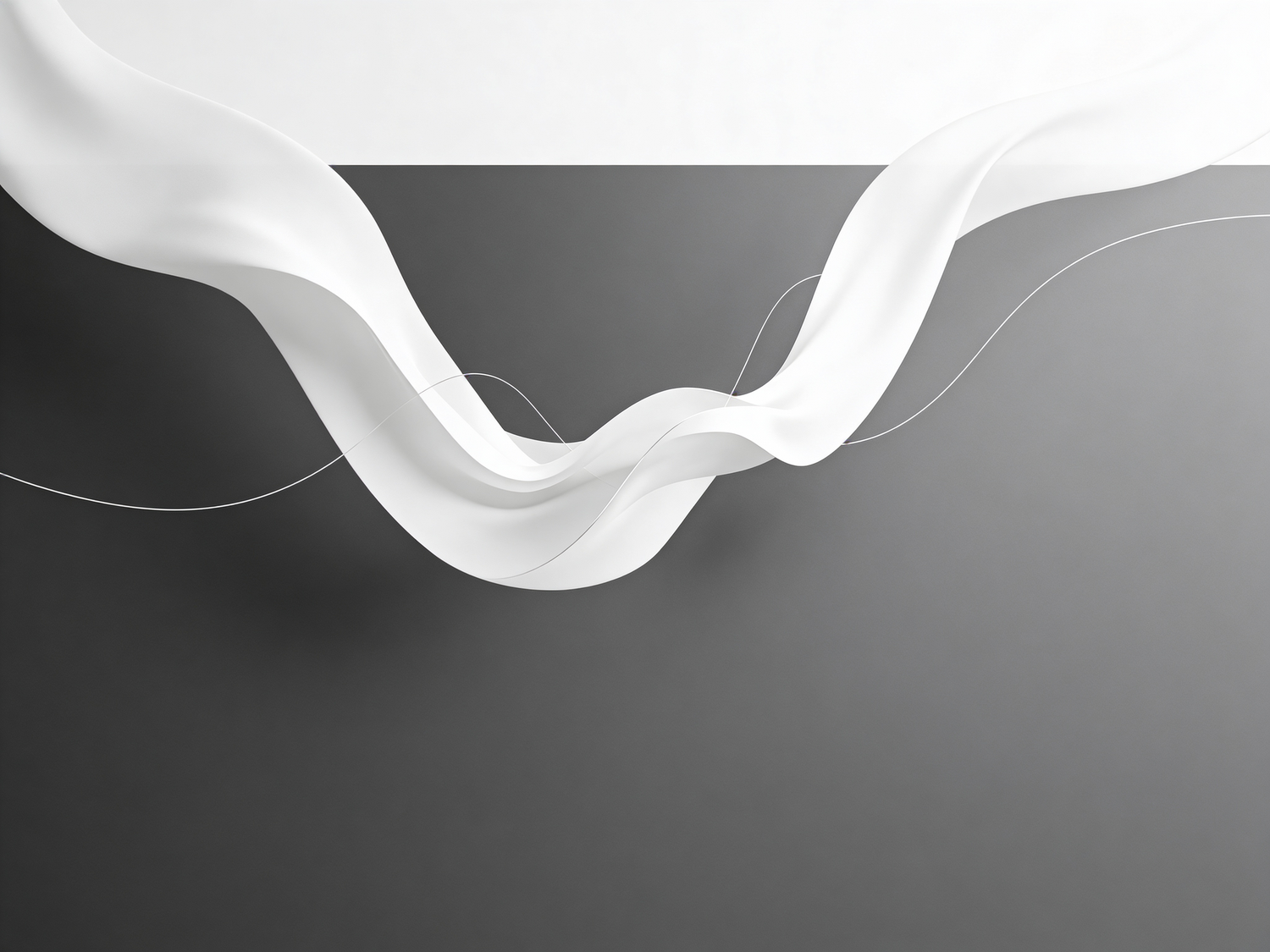 Minimalist abstract gray background with flowing white fabric wave design and subtle curved line accents.