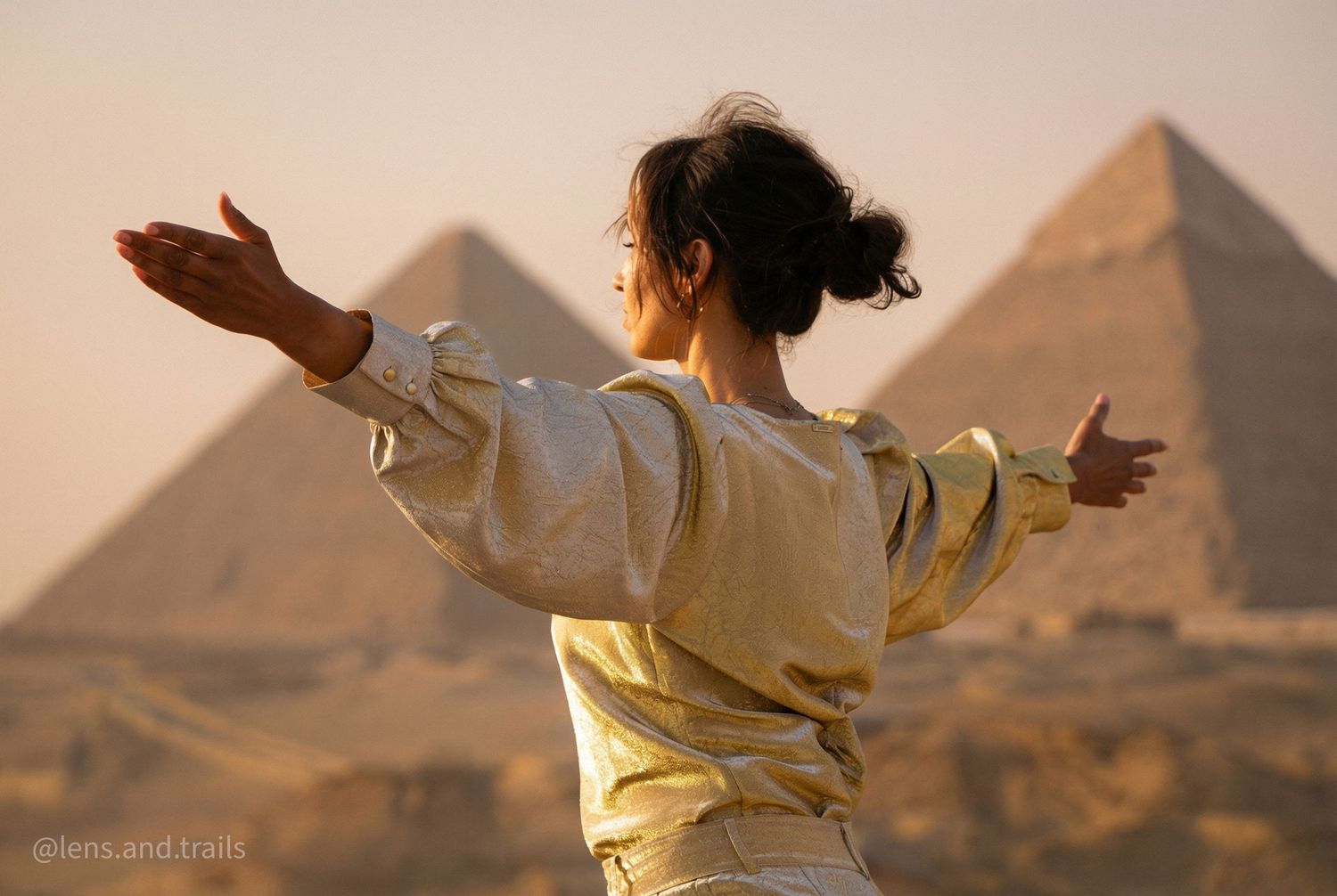 Woman in gold top spreads arms wide with the iconic Giza pyramids behind her at sunset.