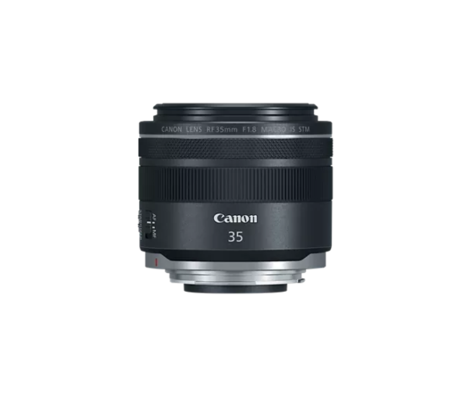 Canon RF 35mm f/1.8 Macro IS STM lens displayed against a white background.