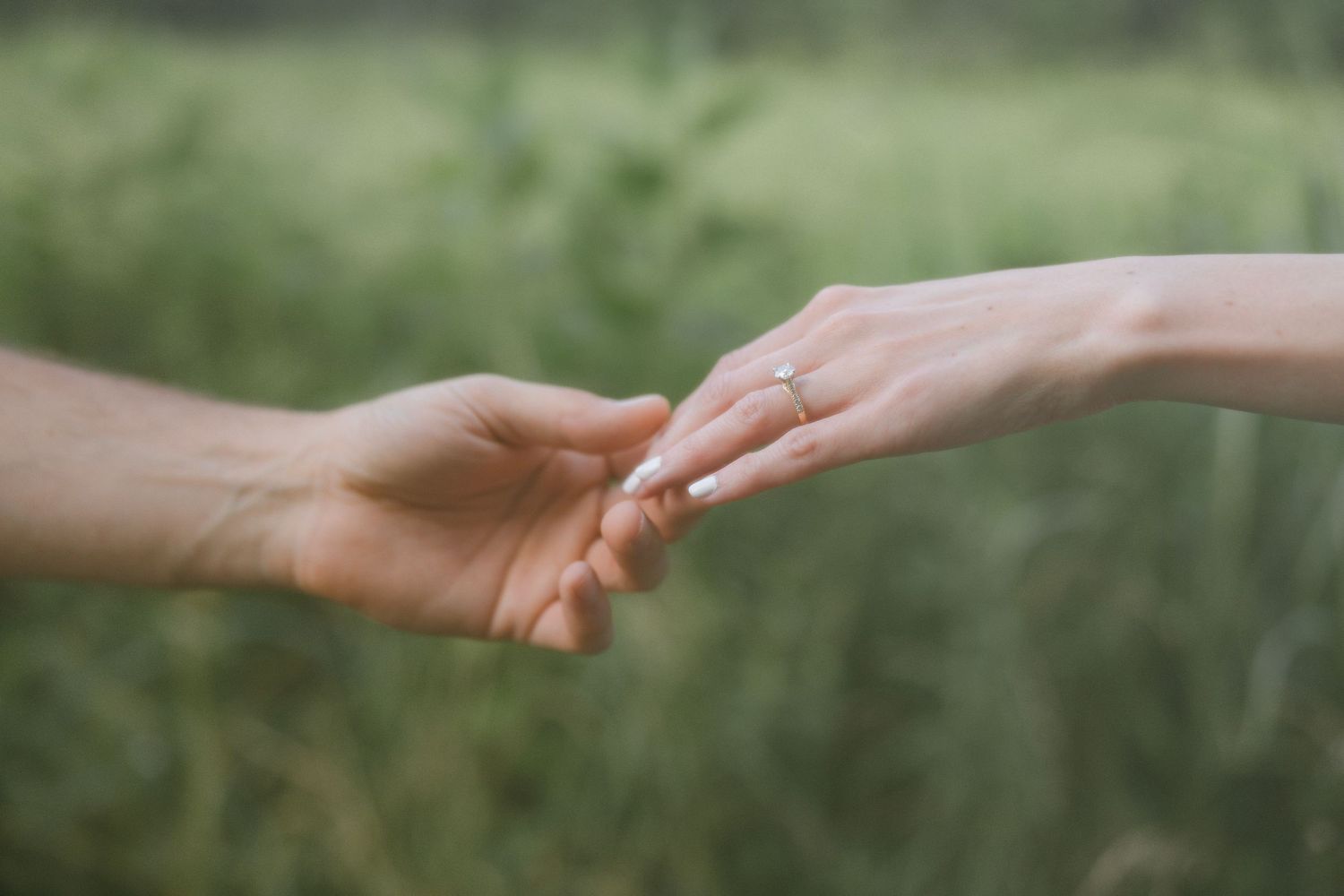 Two hands reaching towards each other and coming together in a gentle touch against a soft, blurred green nature background.