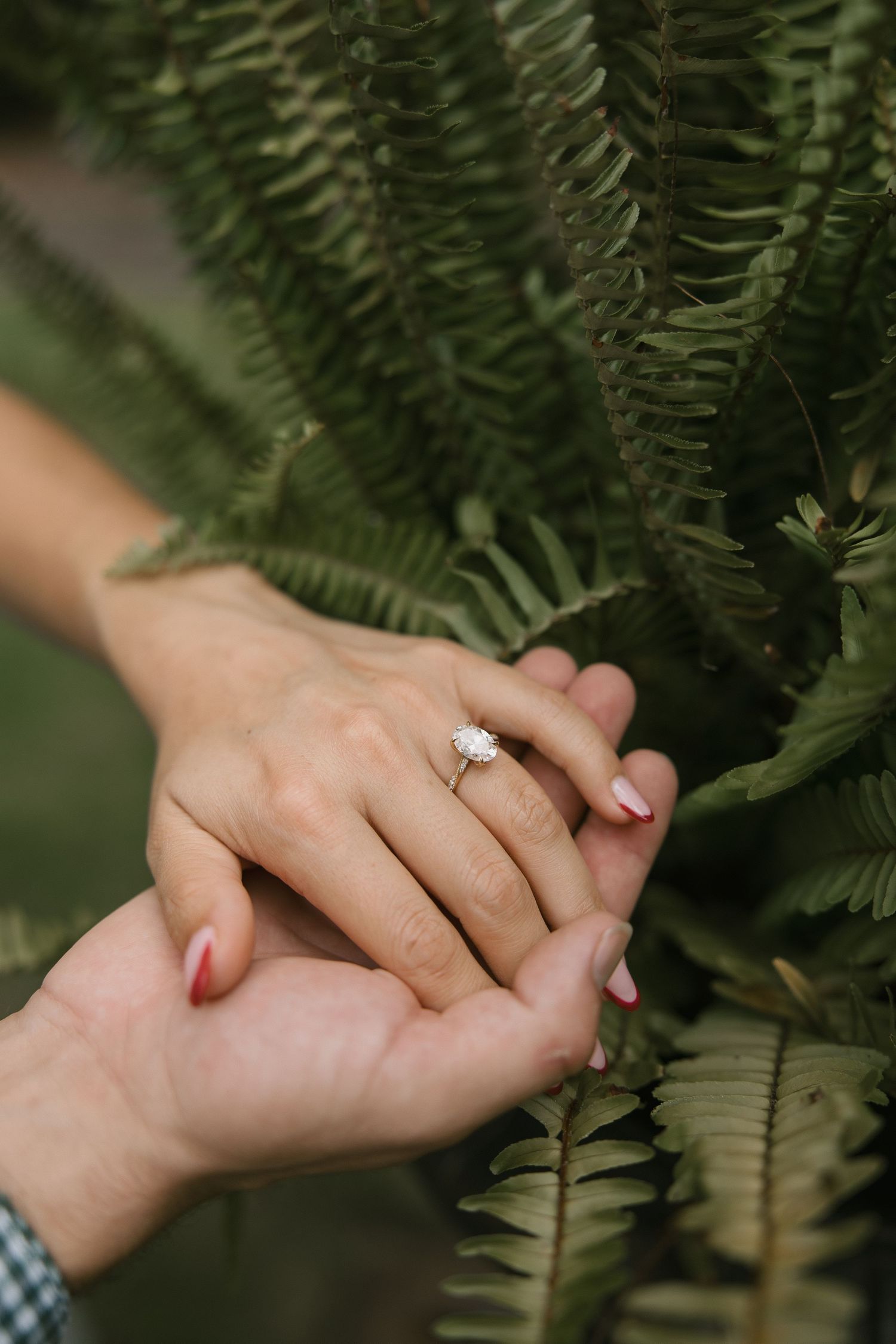 Two hands wearing an engagement ring gently touch among fern leaves in an intimate nature setting.