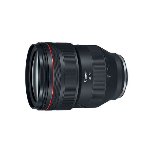 Canon RF 28-70mm f/2L USM zoom lens with red ring accent and black matte finish for mirrorless cameras.