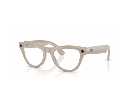 Two pairs of minimalist eyeglasses frames in tan and clear acrylic displayed side by side on white background.