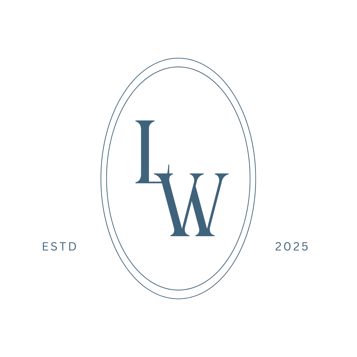 Blue monogram logo design featuring letters LW in an oval frame with established date of 2025.