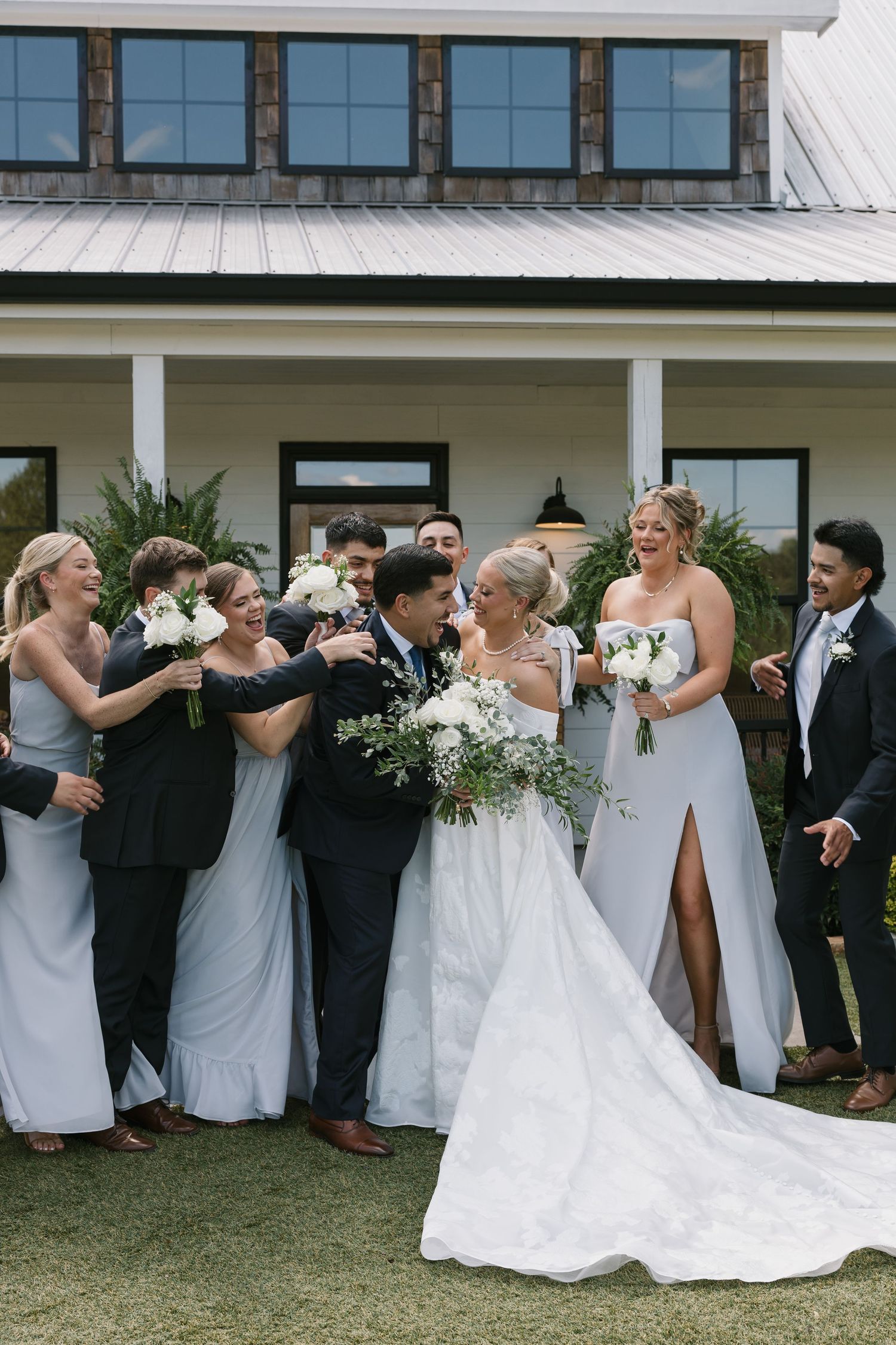 Wedding party in light gray and black outfits poses playfully together in a sequence of candid outdoor photos.