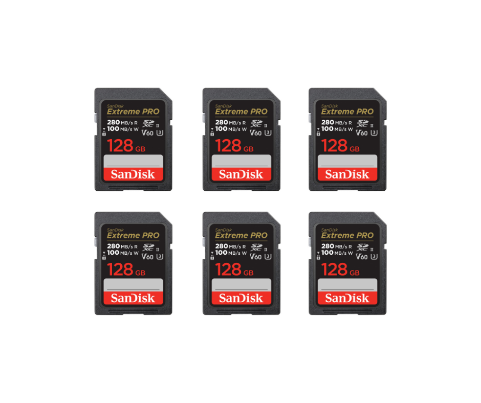 Six identical black SanDisk Extreme Pro 128GB SDXC memory cards arranged in two rows of three.