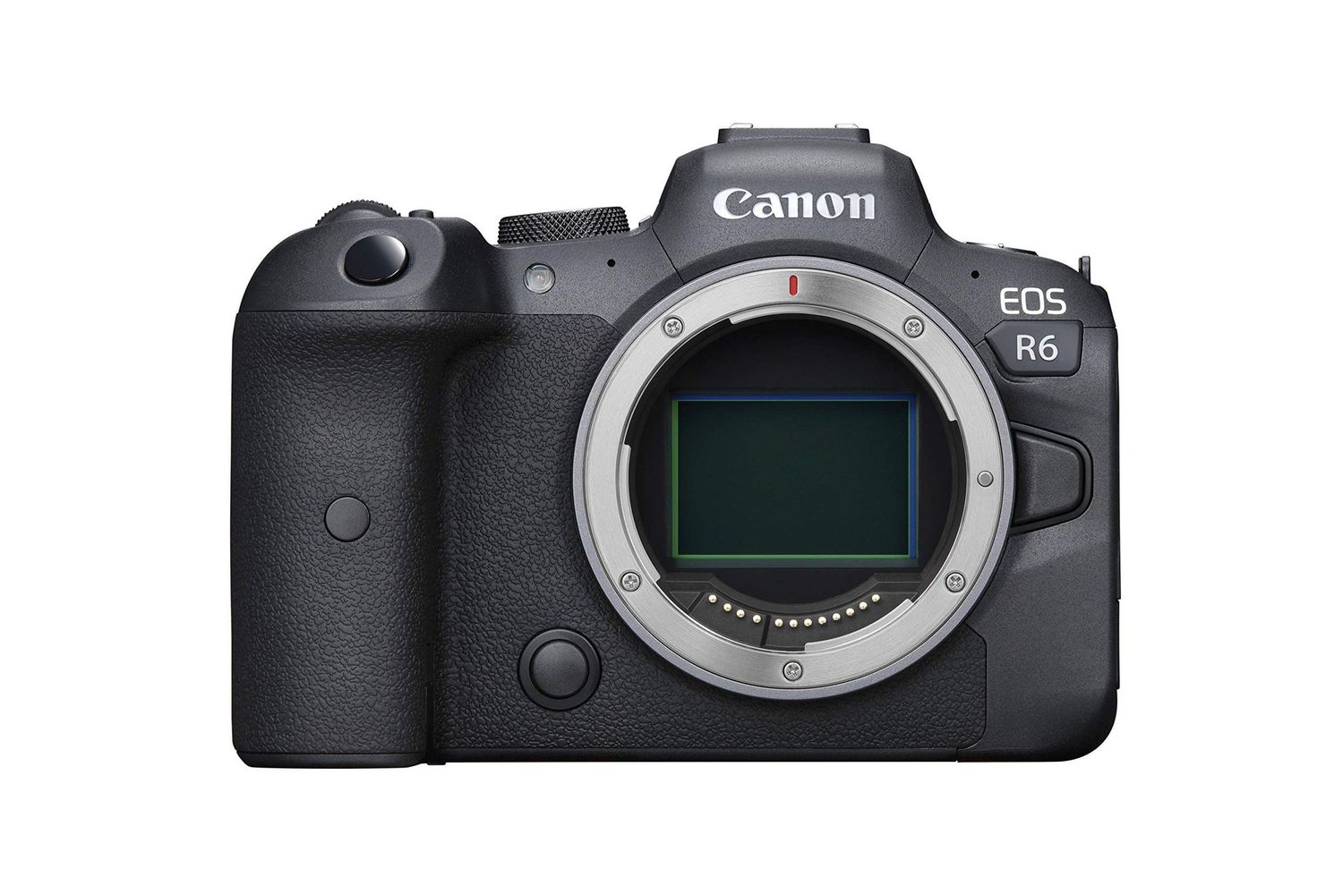 Front view of Canon EOS R6 mirrorless digital camera body showing the lens mount and sensor.