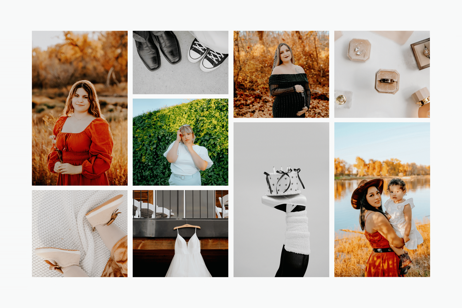 Colorful fall photography portfolio collage in Billings, Montana featuring portrait, wedding, and couples sessions in vibrant settings