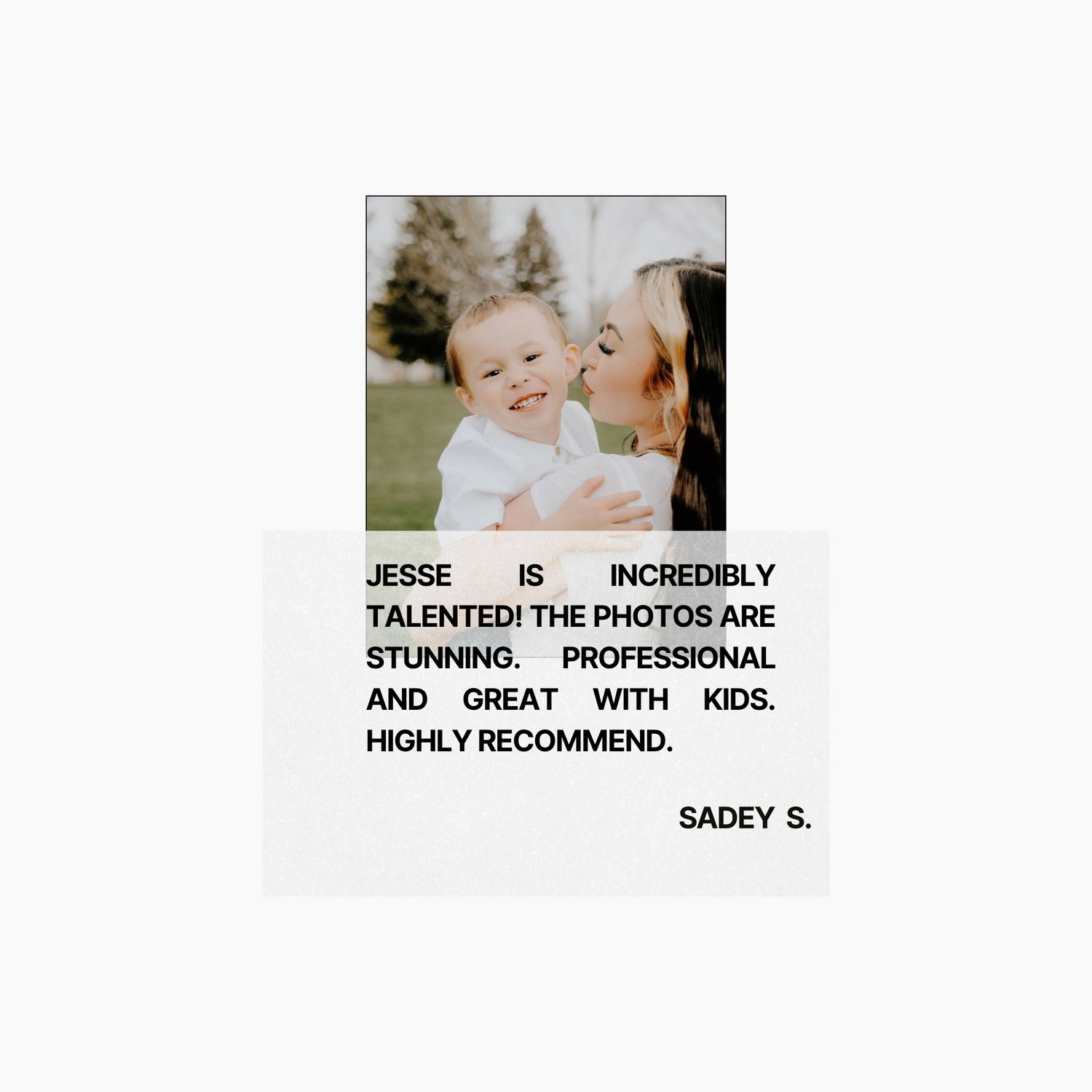 Client review graphic featuring a mother and son portrait session in Billings, Montana with a testimonial from Sadey S.