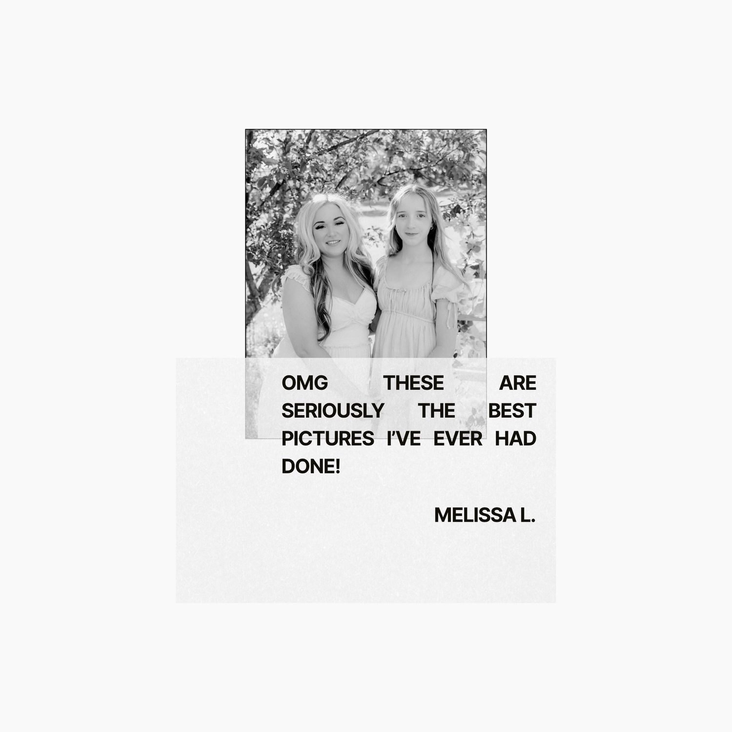 Client review graphic featuring a mother-daughter portrait session in Billings, Montana with a testimonial from Melissa L.
