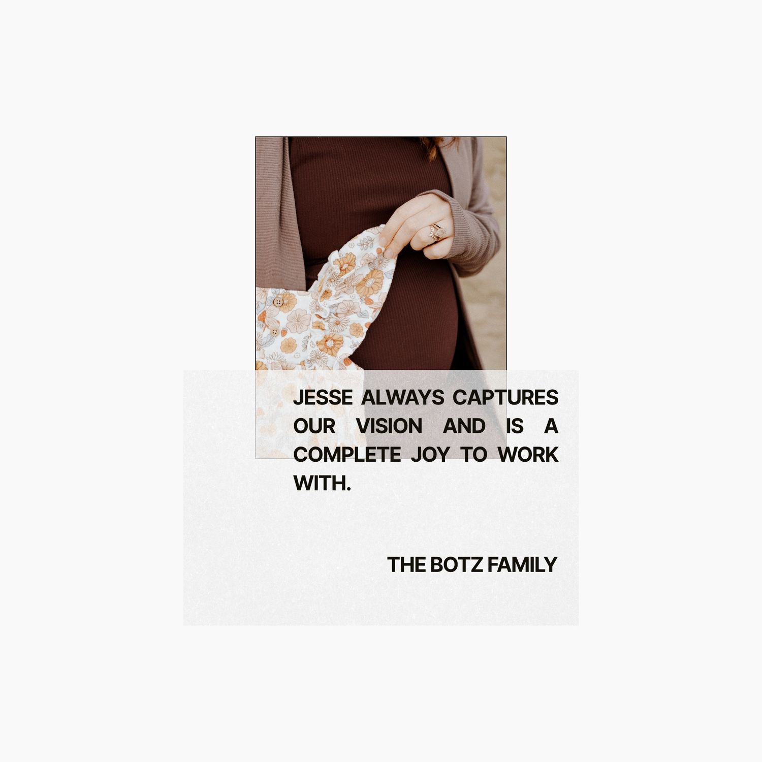 Client review graphic featuring a maternity session photo in Billings, Montana with a testimonial from the Botz family