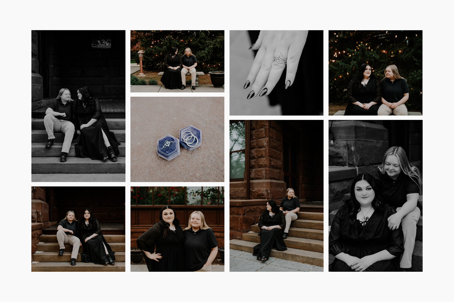 Dark and elegant same-sex engagement session at Moss Mansion in Billings, Montana