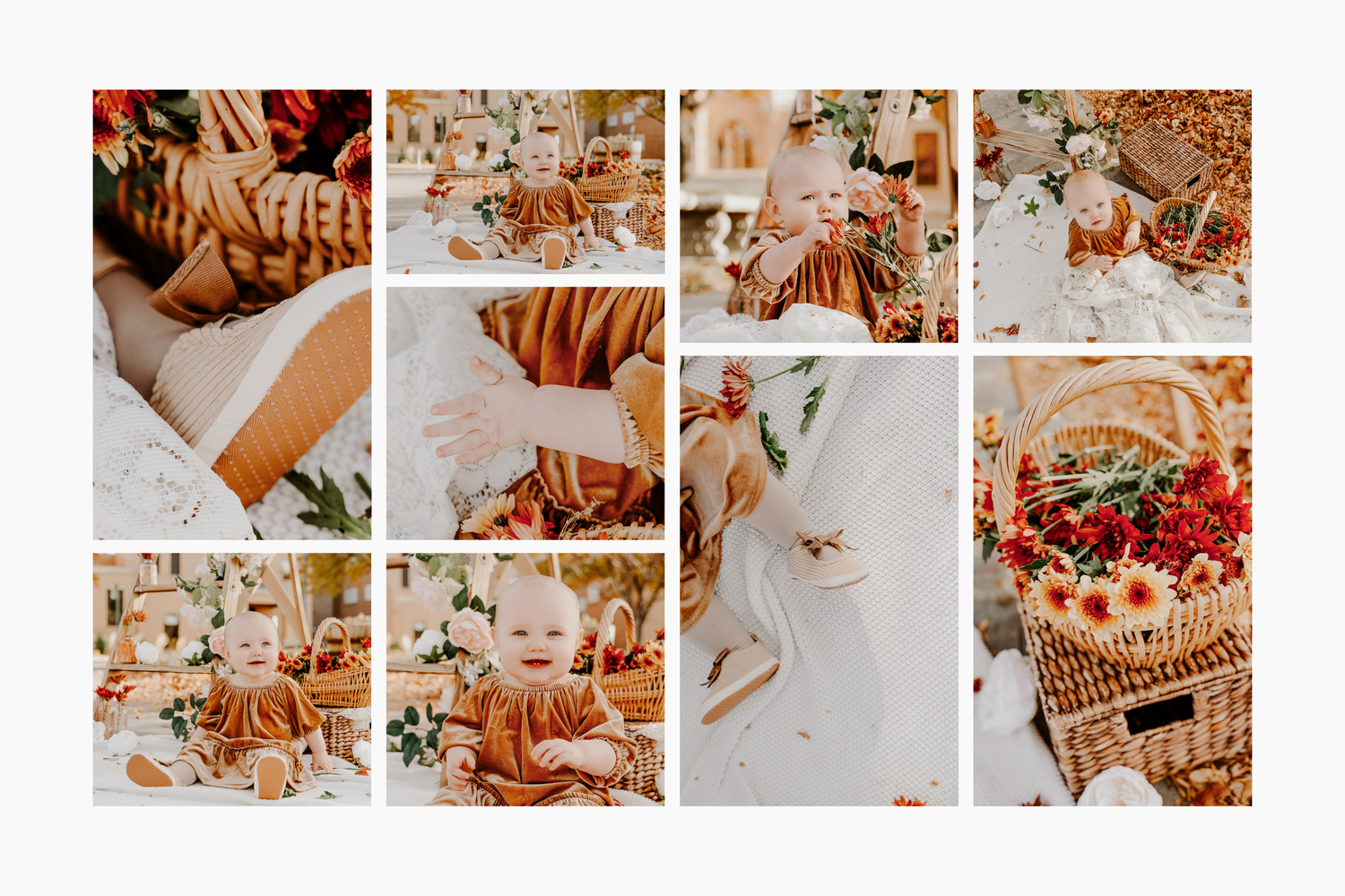 Styled fall baby milestone session in Billings, Montana with flowers and wicker baskets