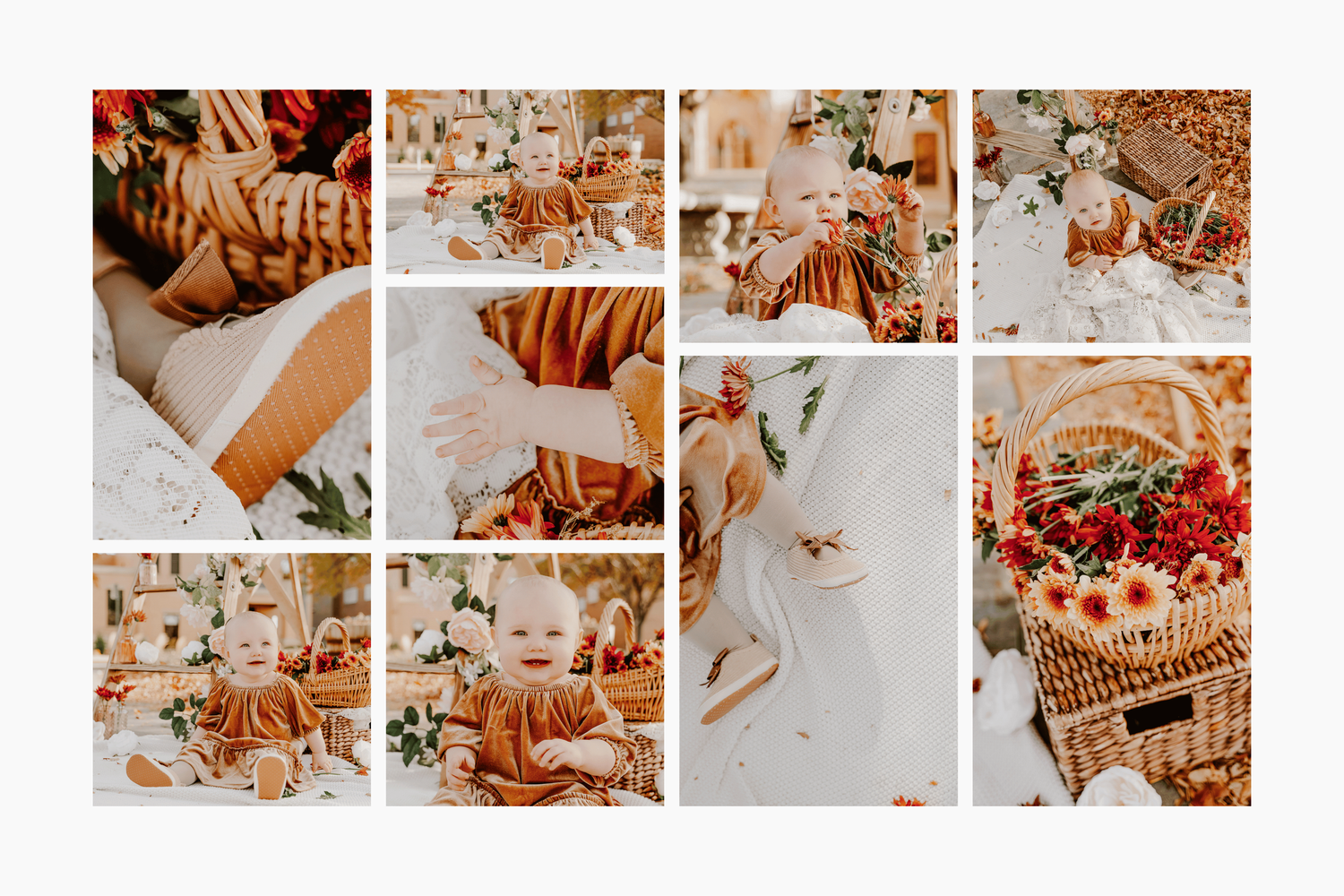 Fall baby milestone photography collage in Billings, Montana featuring a baby in a velvet dress with flower baskets and floral props