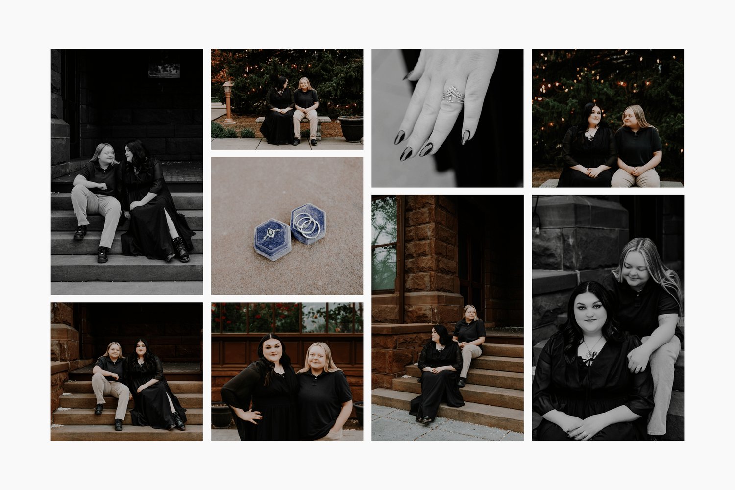 Moody LGBTQIA+ engagement session collage in Billings, Montana at The Moss Mansion