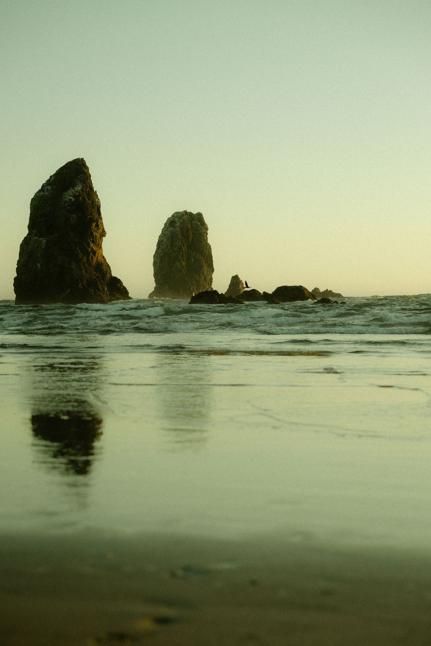 Dramatic rock formations stand silhouetted against a misty sunset sky at Cannon Beach, Oregon, reflecting in wet sand.
