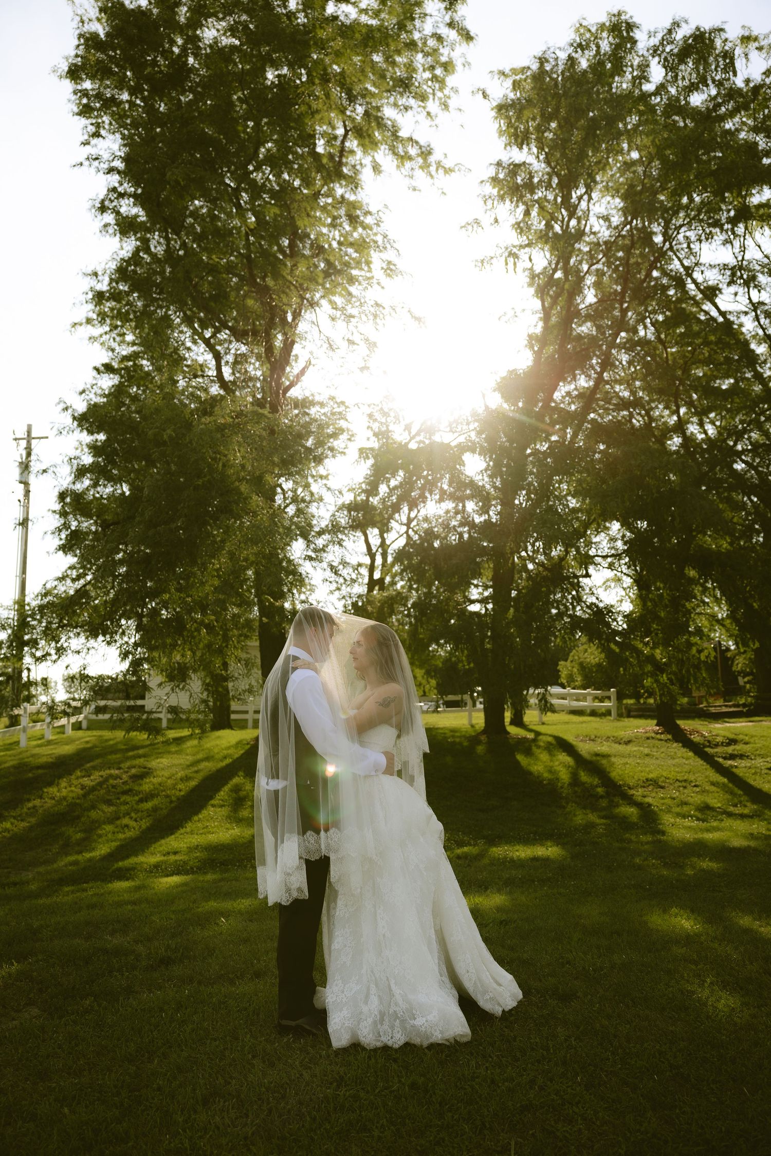 Bride and groom kissing under veil at golden hour, surrounded by lush green trees in an outdoor wedding setting.