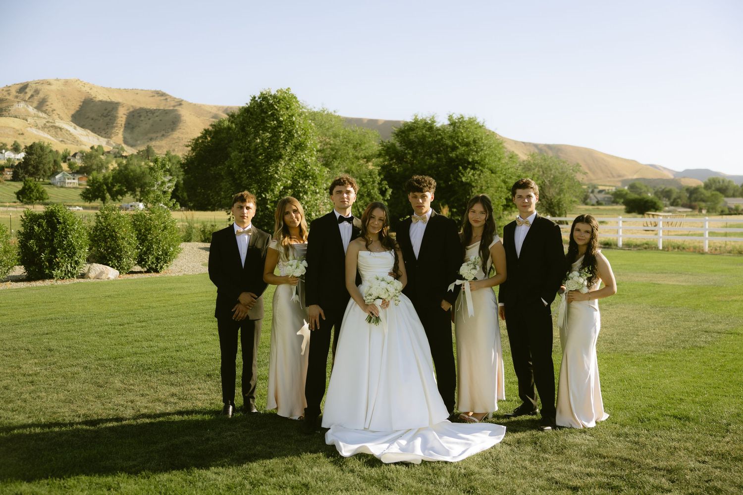 Wedding party poses outdoors on green lawn with mountain backdrop, bride in white gown flanked by bridesmaids and groomsmen.