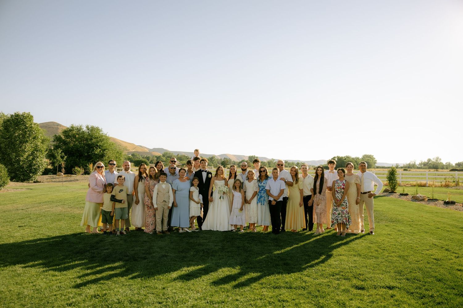 Large wedding party posing together on lush green lawn with mountain backdrop on a sunny day.