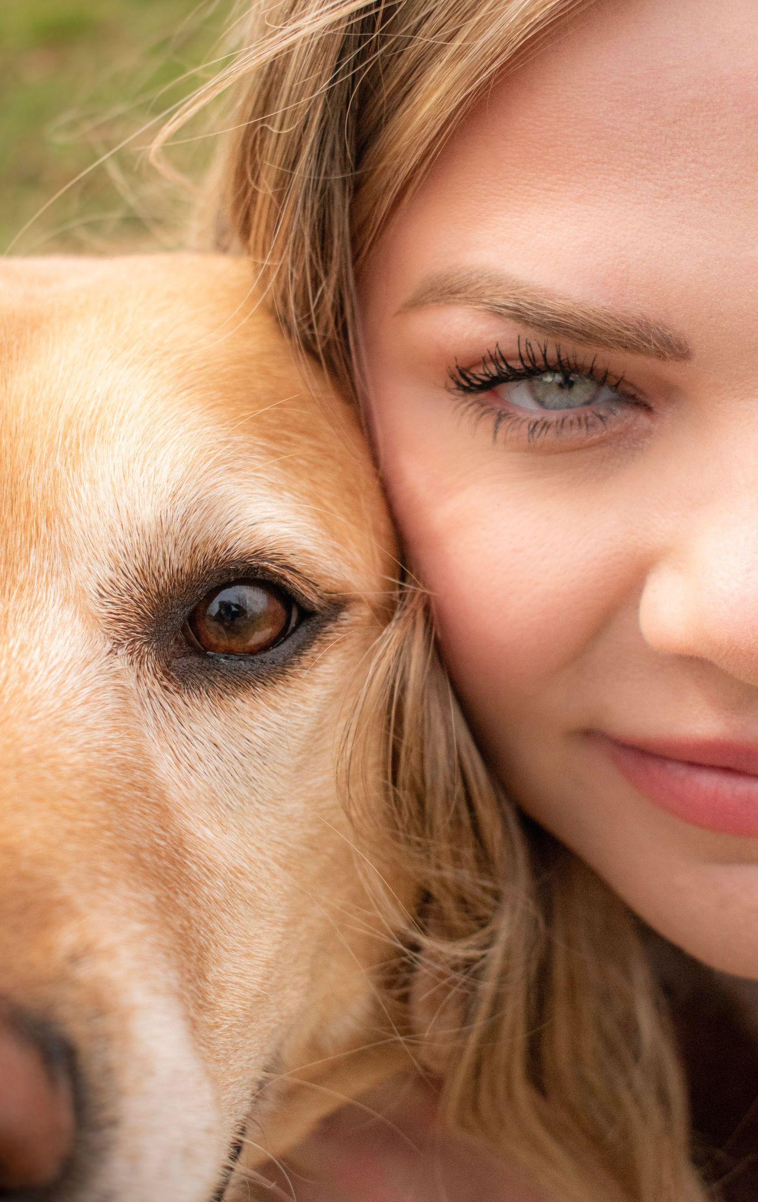 Close-up portrait series showing eyes and partial faces alongside a golden retriever dog in warm lighting.