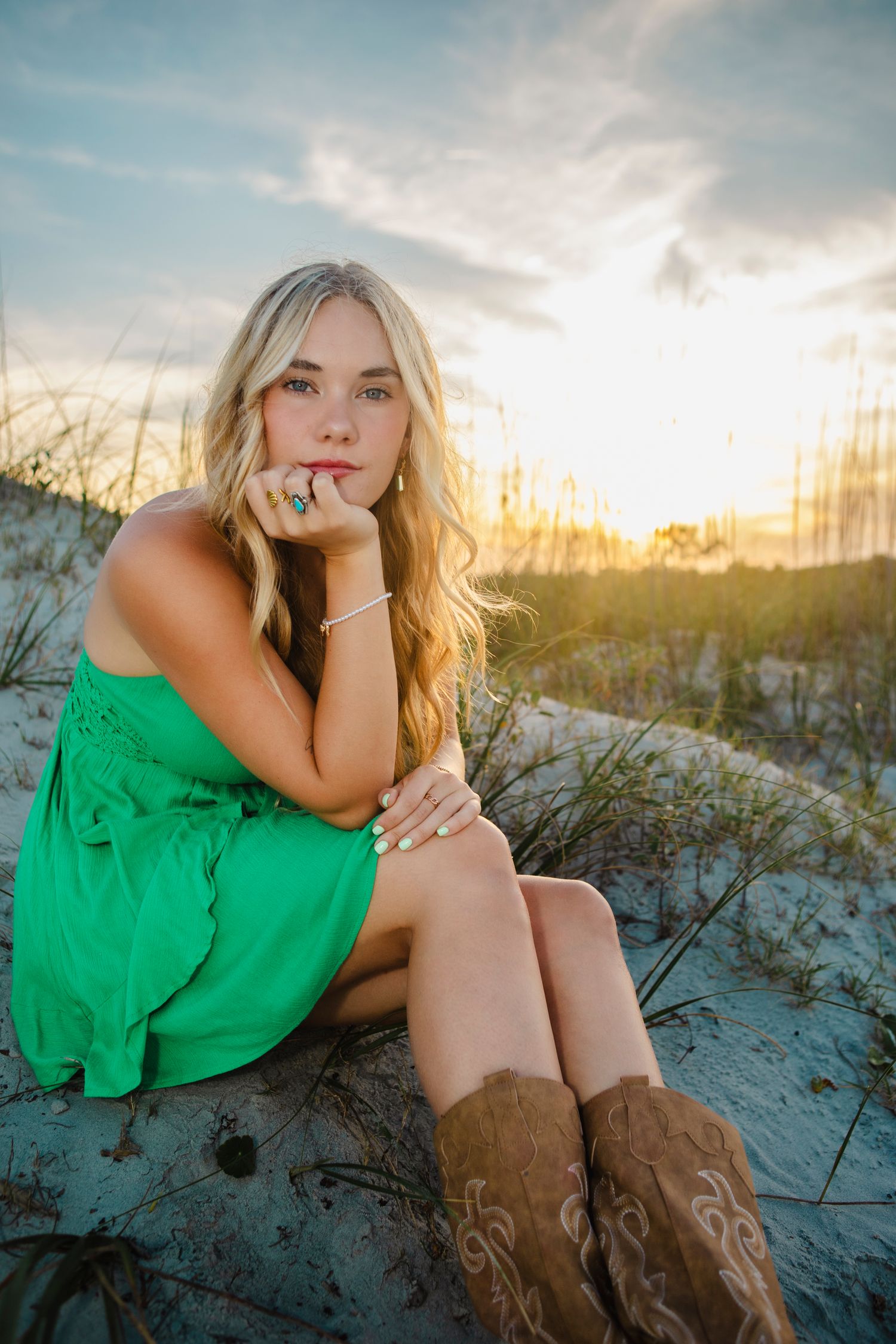 Senior Portrait of Leah class of 2024. Location Burks Beach Hilton Head Island, SC. Sunset. Colorful dress. Dunes. Green