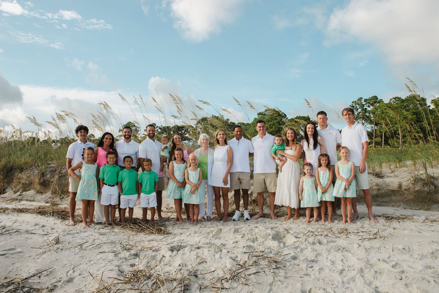 Family Beach Photography. Year 2025. Family of 21 Children. Grandparents. Parents. Beach House. Beach Sunset. Hilton Head Island, SC