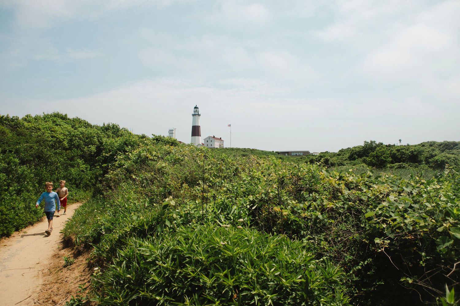 Montauk, NY, Lighthouse, Boys, Green, Nature, Landscape