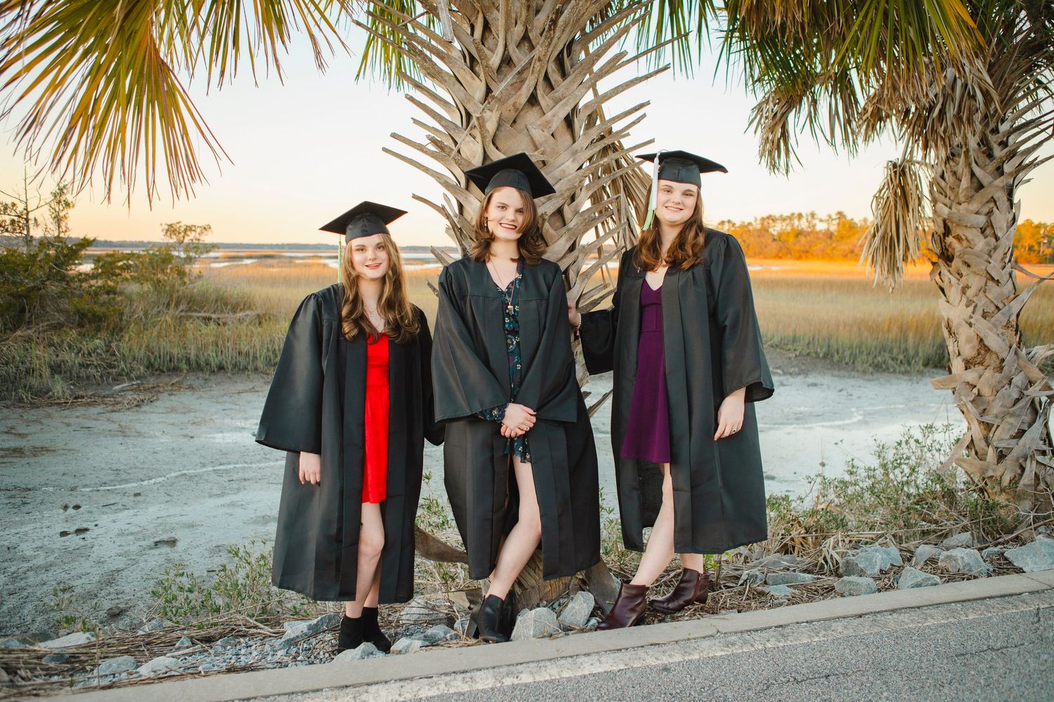 Seniors, Triplets, Cap and Gowns, Palm Tree, Marsh, Hilton Head Island, SC, Class of 2025