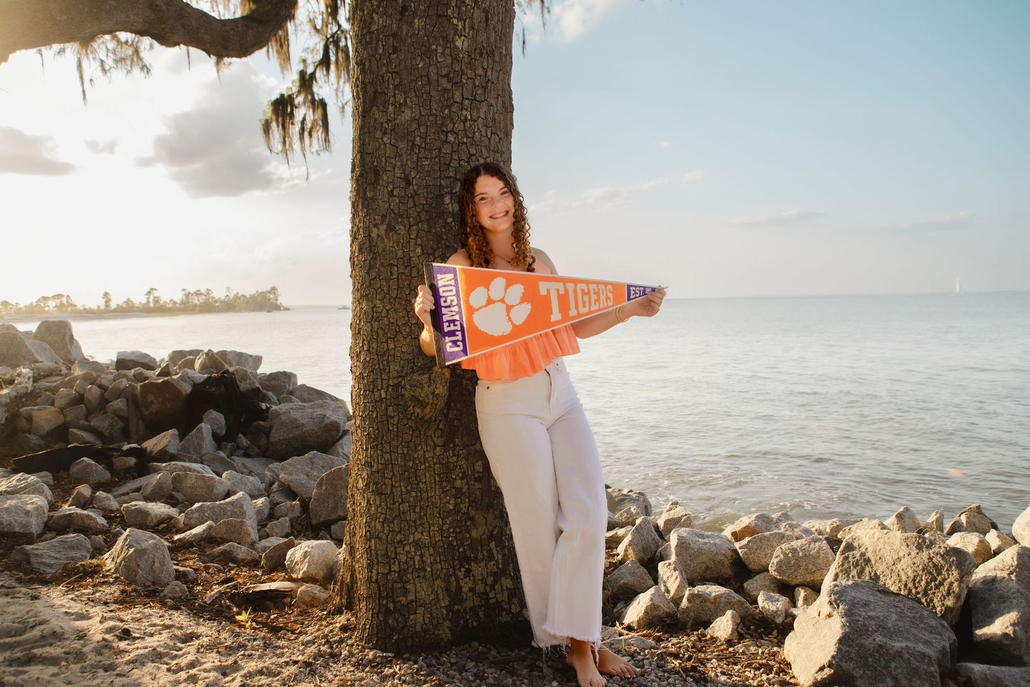 Senior Portrait of Hannah class of 2025. Location Dolphin Head Hilton Head Island, SC. Sunset at the ocean. Clemson Bound
