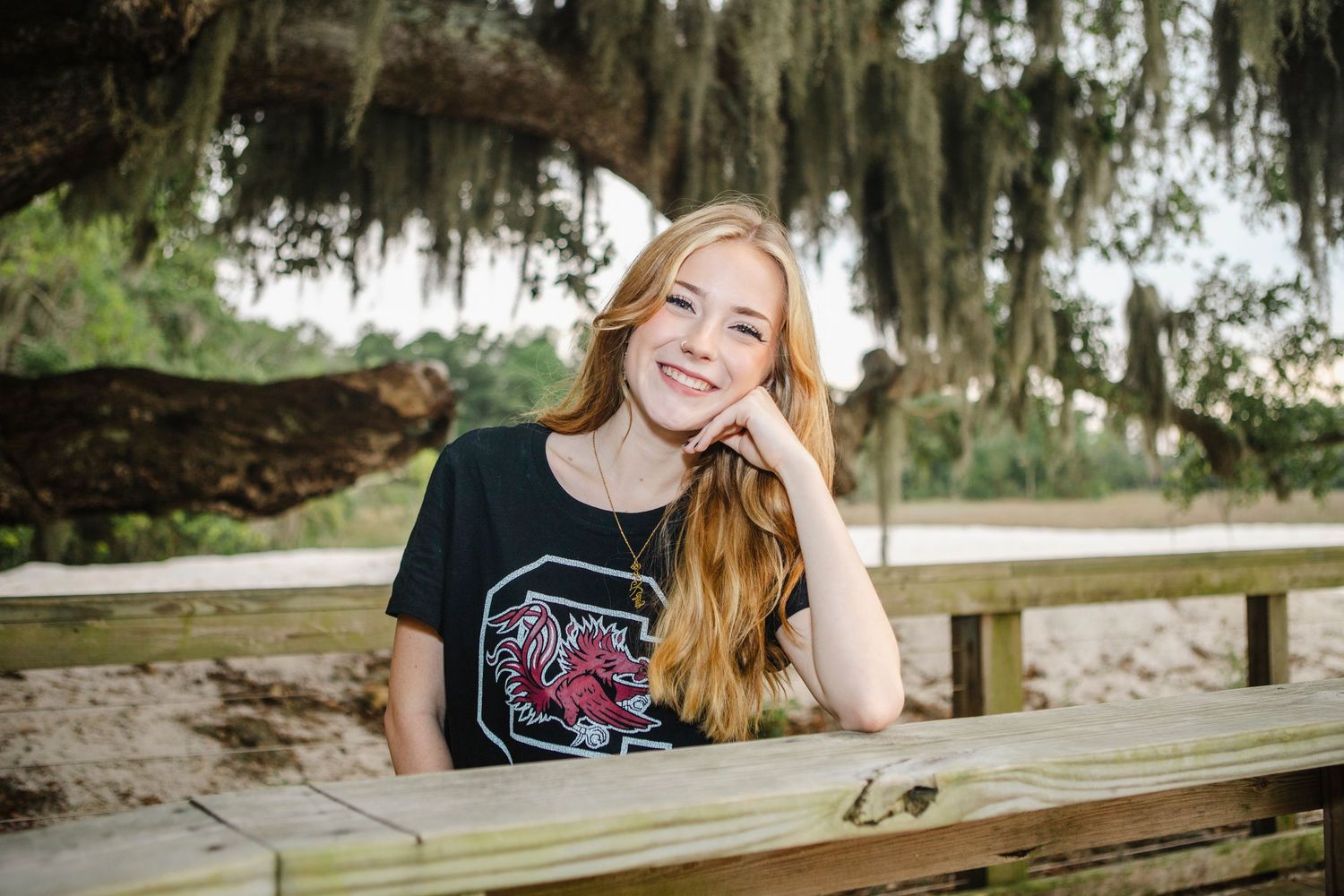 Senior Portrait of Kaylee class of 2025. Location Dolphin Head Hilton Head Island, SC. Sunset at the ocean. Dock. USC Bound. Gamecocks.