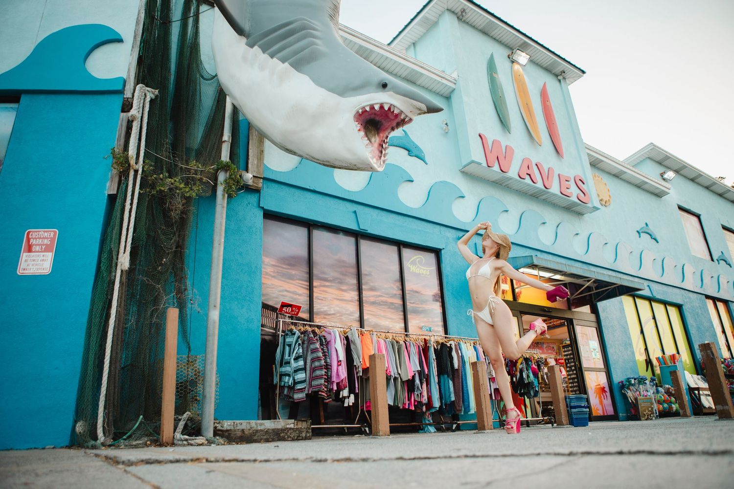 Model, Tybee Island, Bikin, Sunhat, Women, Blonde, Beauty, Pink, Blue, Shark