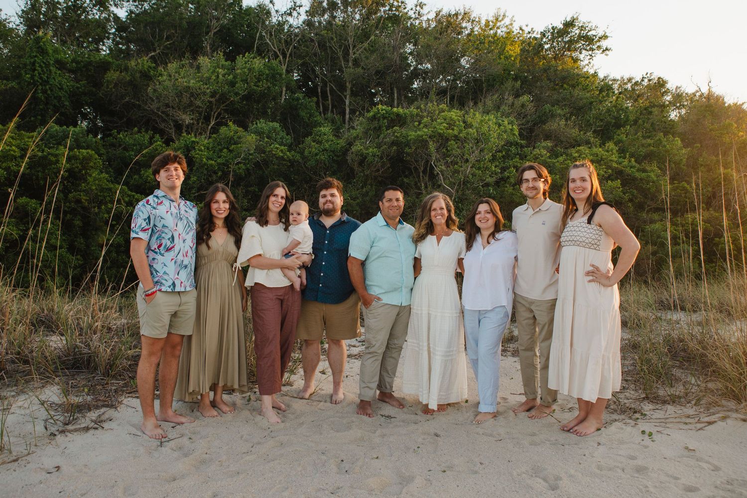 Family photo on the beach of hilton head island sc. Sunset, dunes, Trees, nature, older children,