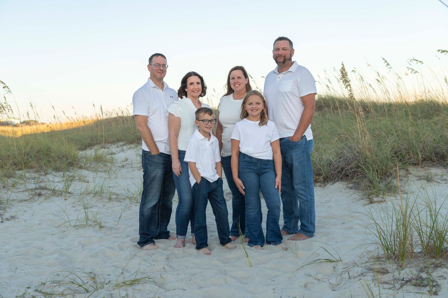 Family Beach Photography. Year 2024. Family of 5. Children. . Parents. Dunes. Sunset.