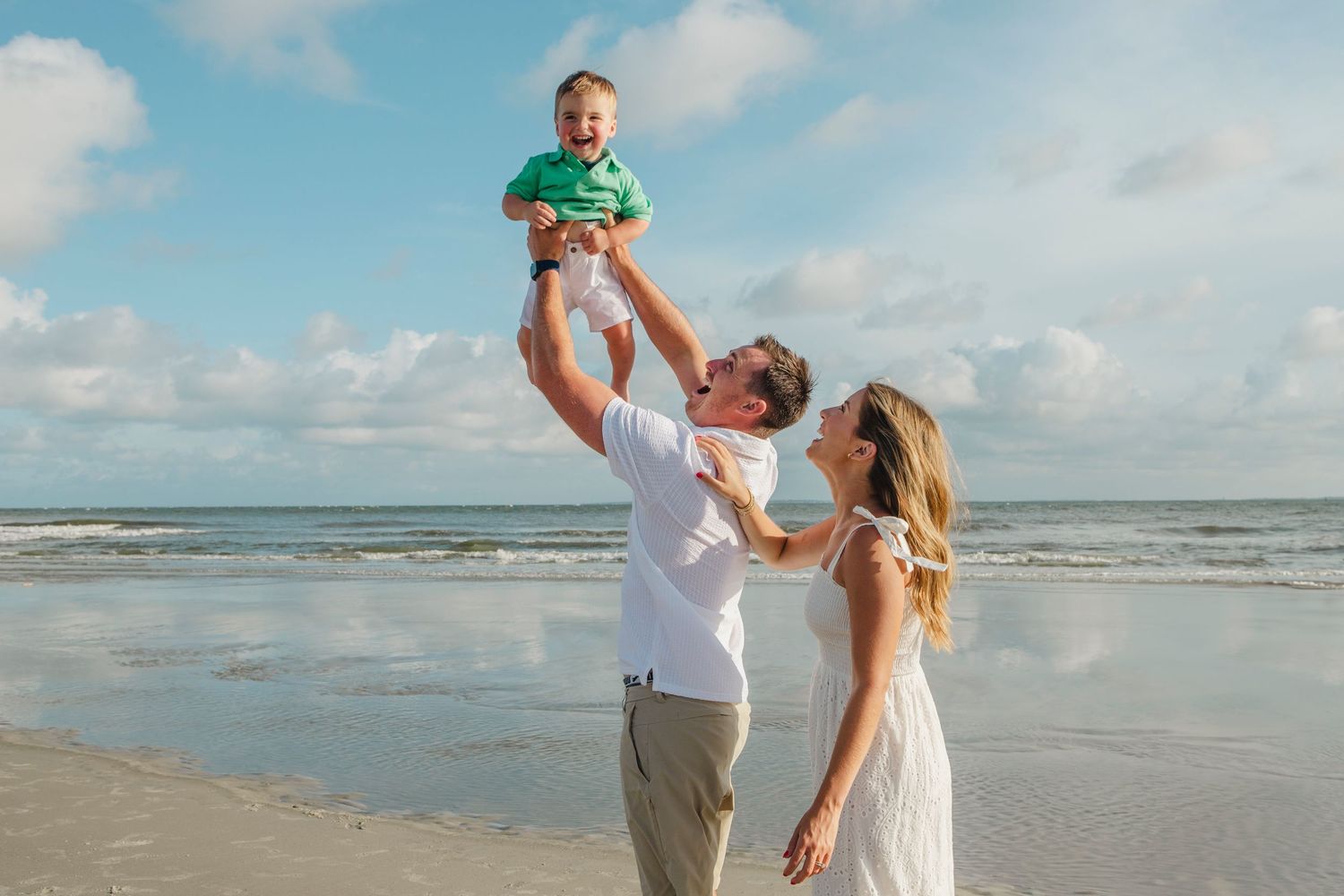 Family Beach Photography. Year 2025. Family of 3. Children. Beach Sunset. Hilton Head Island, SC. 1 year old